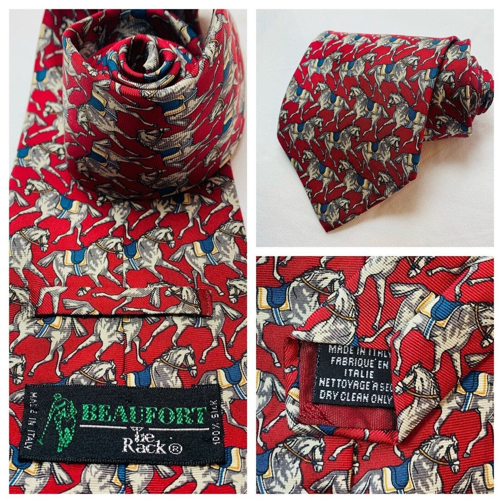 Beaufort Necktie Silk Tie Rack Horses Retro Italy Made Vintage Equestrian Riding